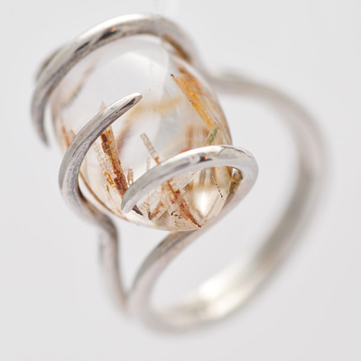 Alex Yule, spiral ring, silver with rutilated quartz